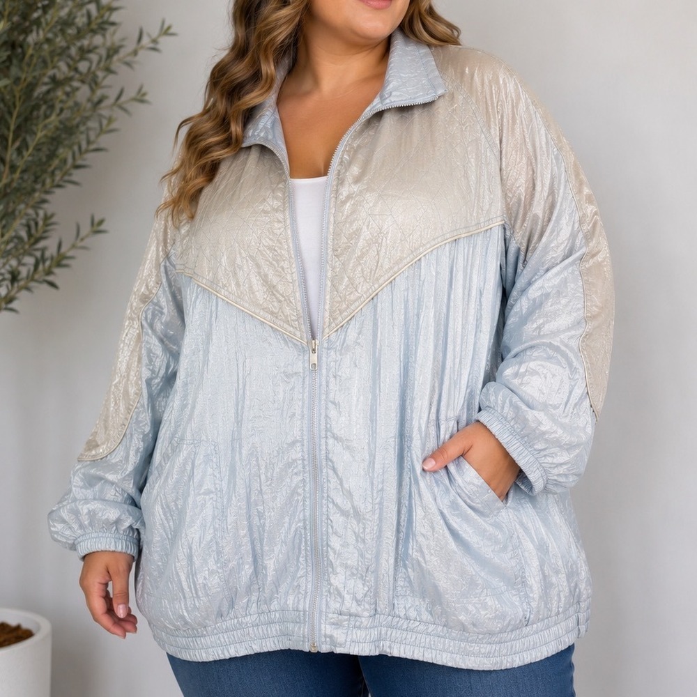 Vintage Outbrook Woman Windbreaker Jacket Women's 2X Silver Nylon Quilted Zip Up